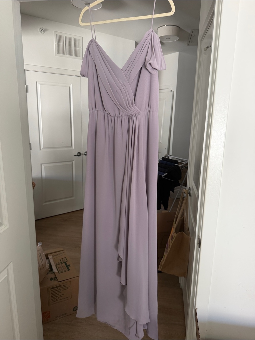 Romantic Lavender Off-Shoulder V-Neck Maxi Dress